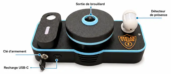 Générateur de brouillard anti-intrusion autonome avec détecteur de présence, clé d'armement et prise de recharge USB-C